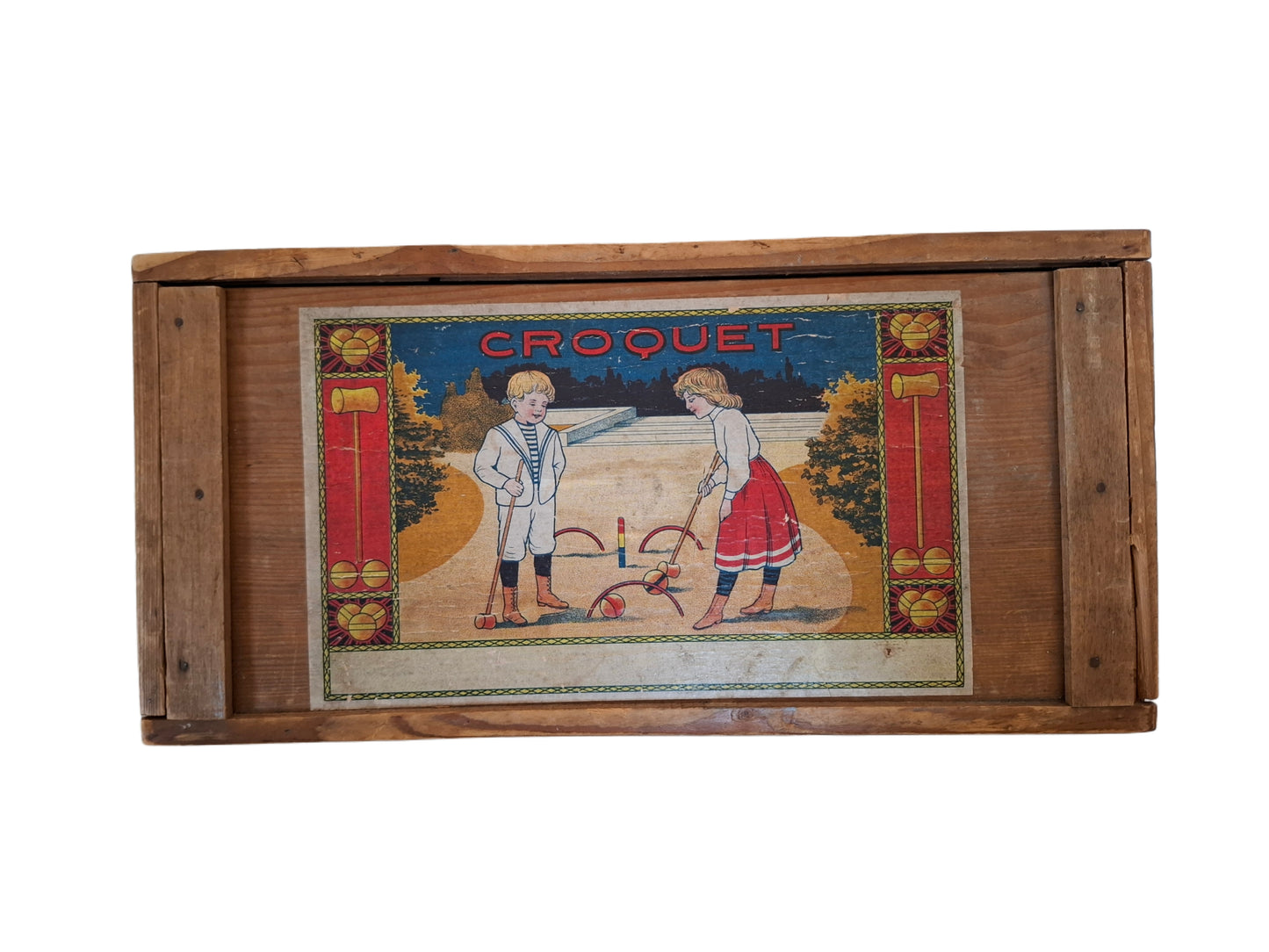 Croquet Set 1920-1930 in a wooden box. Original label on the front.